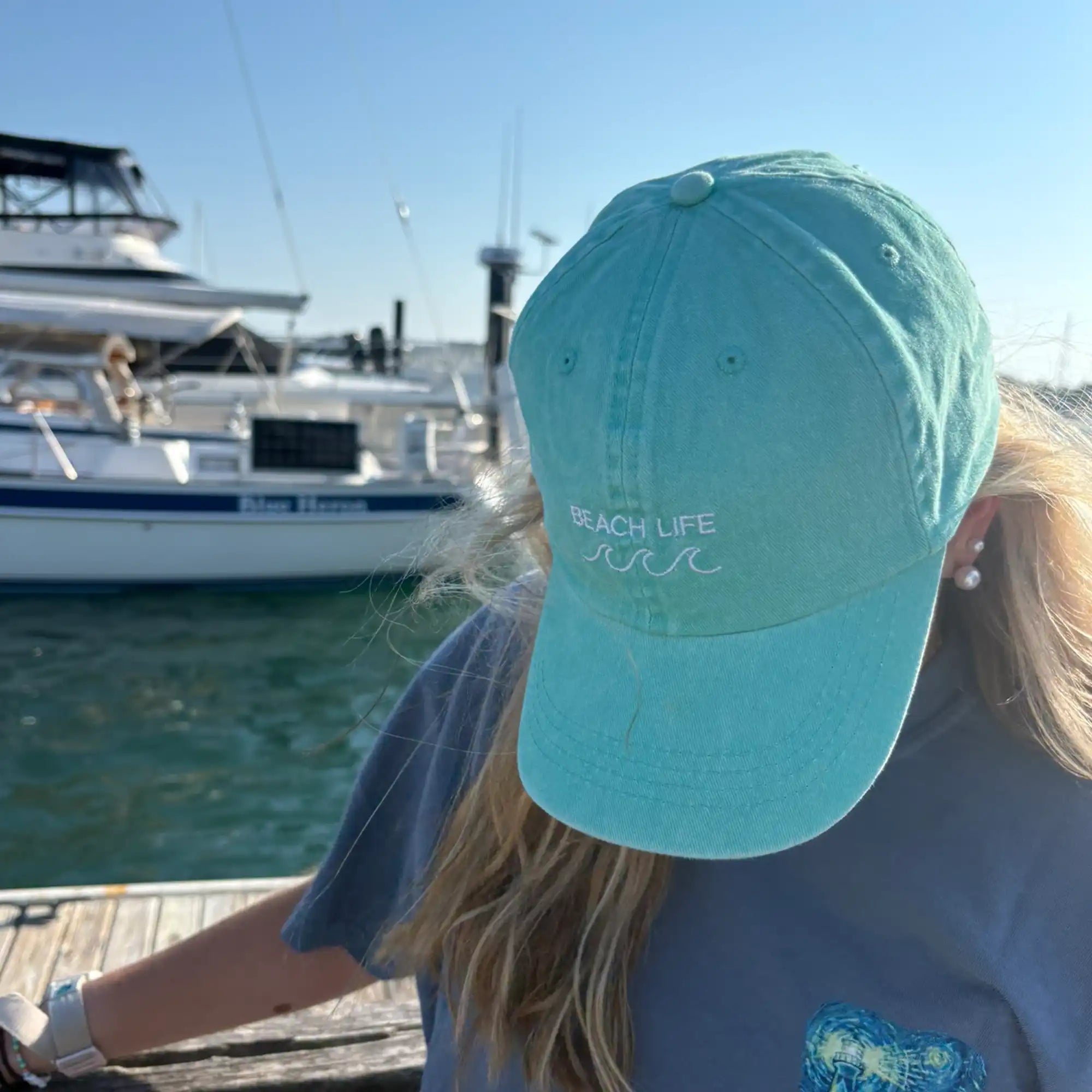 Beach Life Classic Twill Distressed Adult Baseball Hat, worn by a model