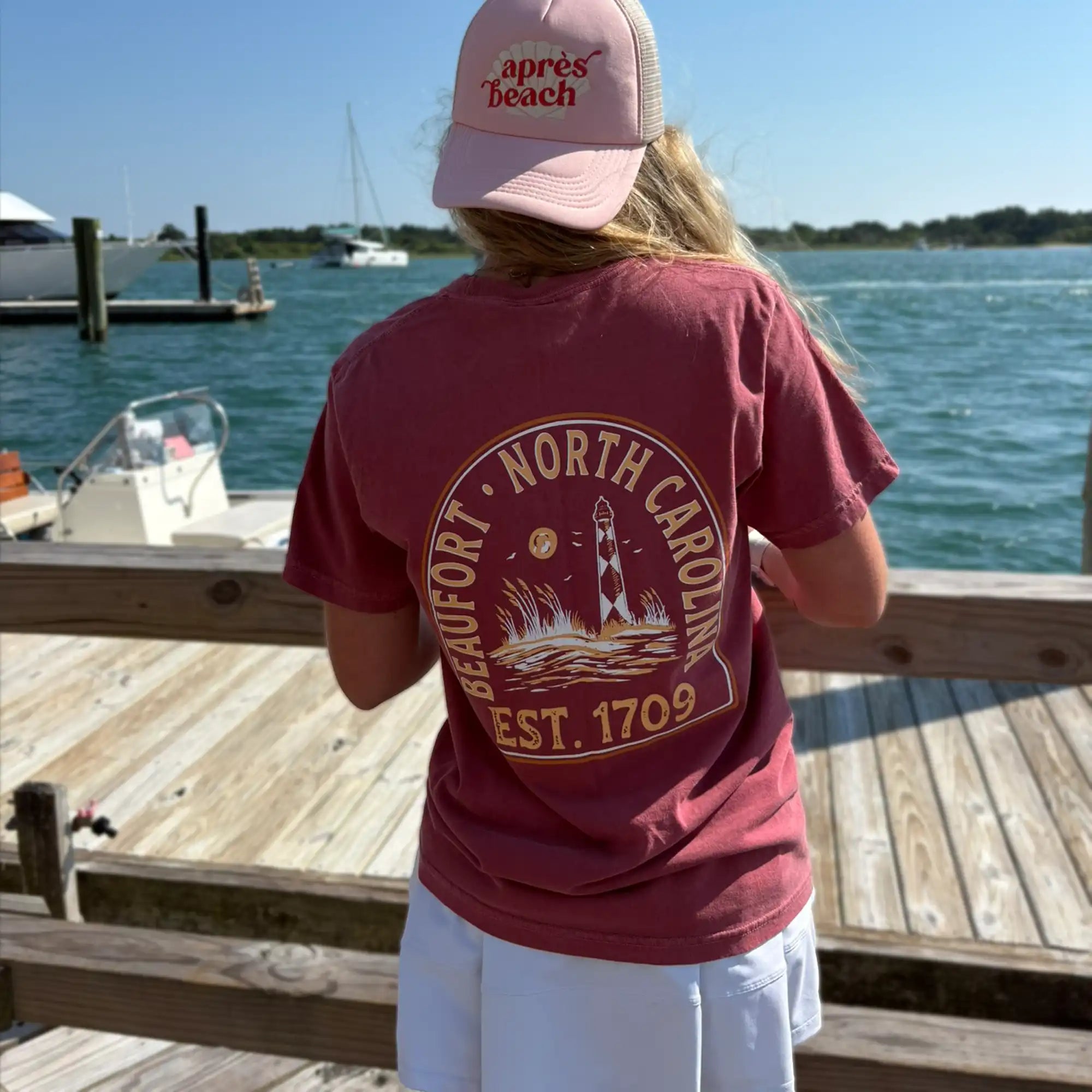 Beaufort NC Cape Lookout Dunes Adult Tee in Crimson, back view, worn by a model