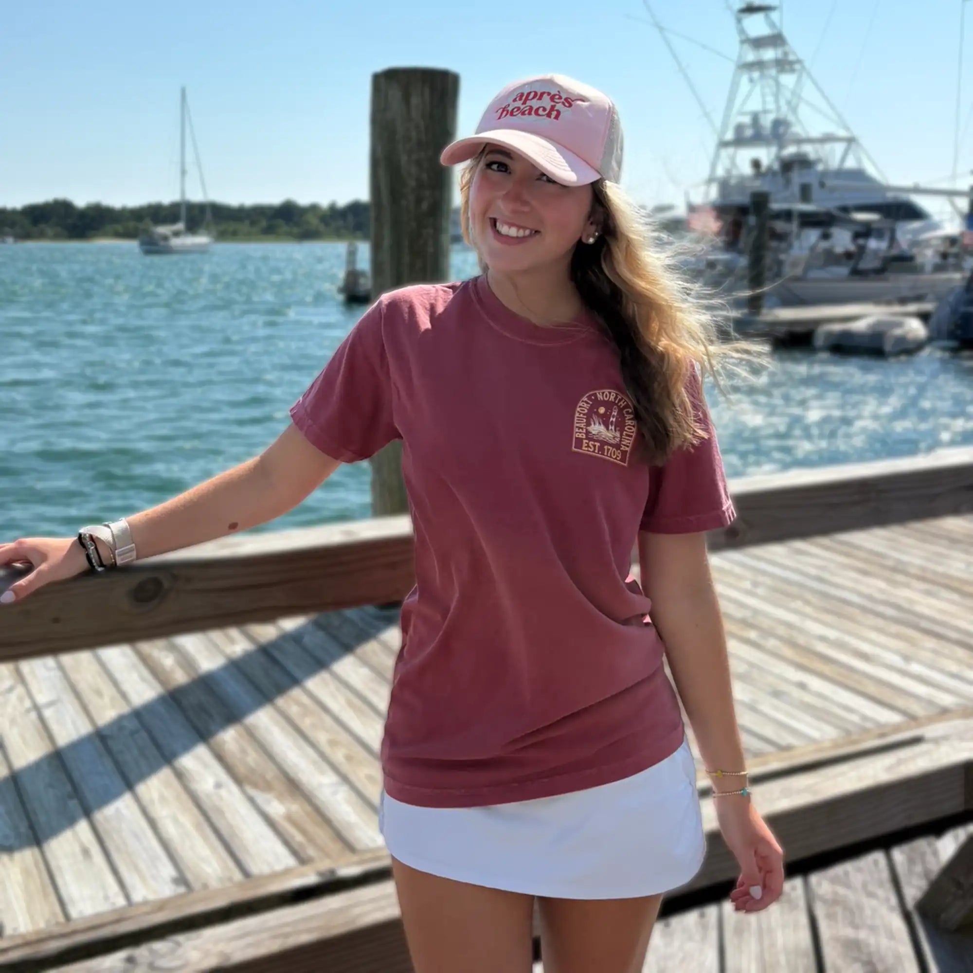 Beaufort NC Cape Lookout Dunes Adult Tee in Crimson, front view, worn by a model