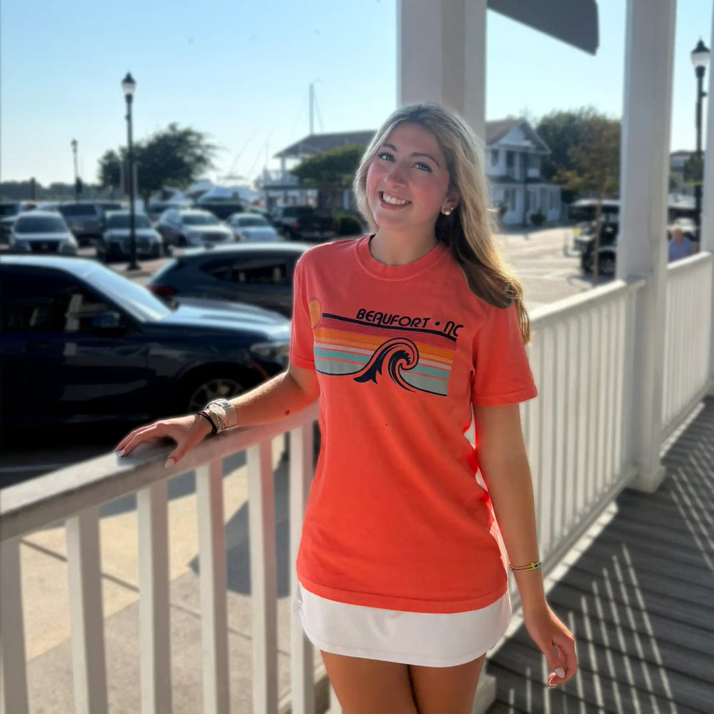 Beaufort NC Retro Wave T-Shirt in Salmon, worn by a model