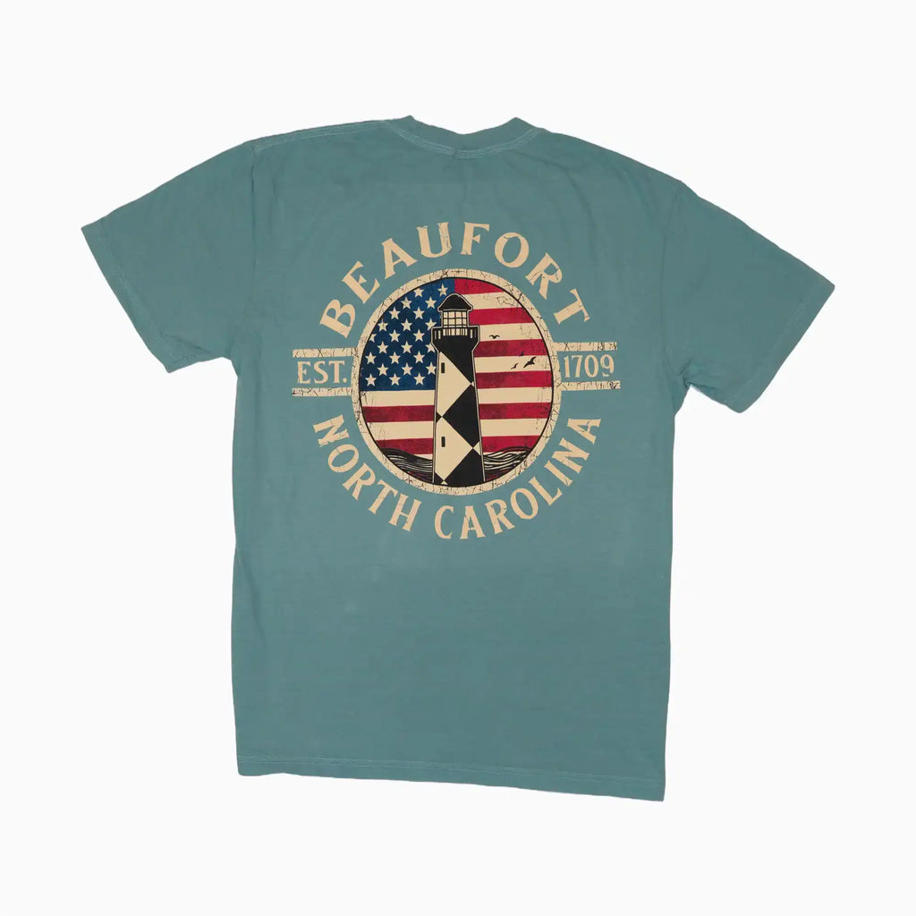 Beaufort North Carolina Cape Lookout American Flag Adult T-Shirt in Seafoam, back view