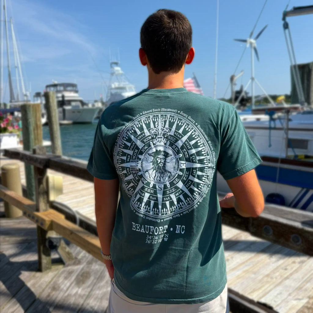 Blackbeard Compass Short Sleeve Adult Tee in Blue Spruce, back view, worn by a model