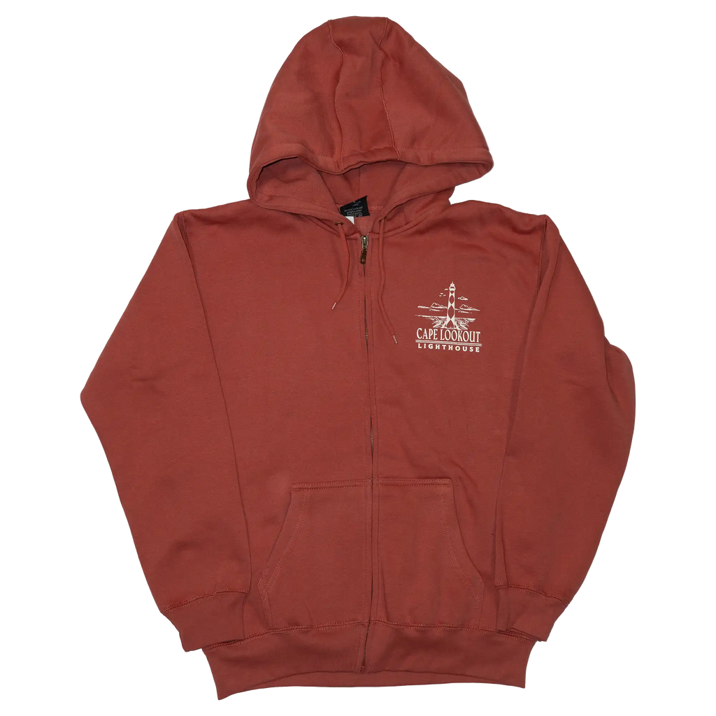 Cape Lookout Lighthouse Full-Zip Hoodie in Terra Cotta, front view